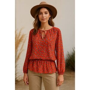 A.n.a. A‎ New Approach Women Boho Peasant Long Sleeve Blouse Red Floral Large